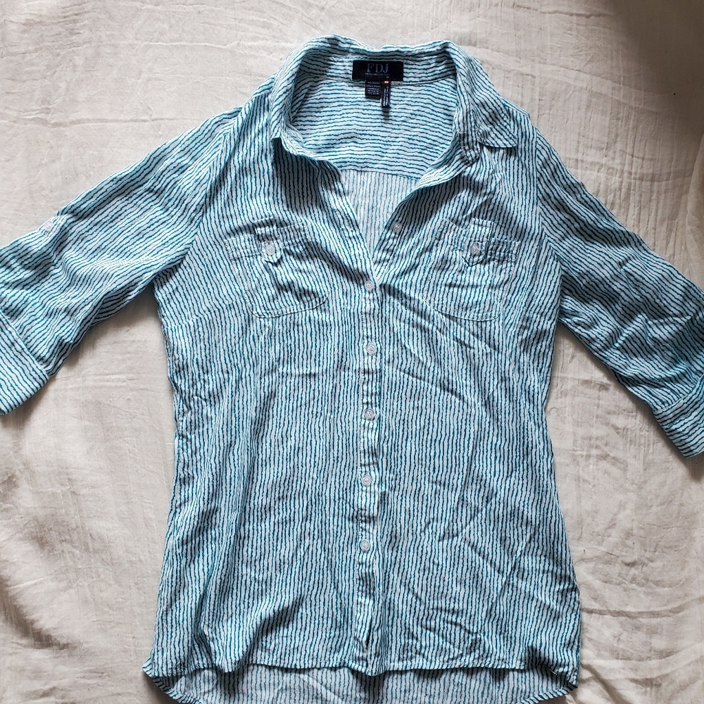 FDJ Women's Teal Striped Soft Button Down Shirt Size 8